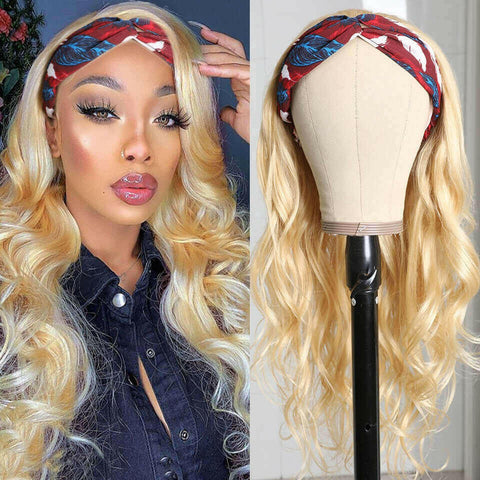 Body Wave #1B/613 Headband Human Hair Wigs For Black Women Blonde Scar.