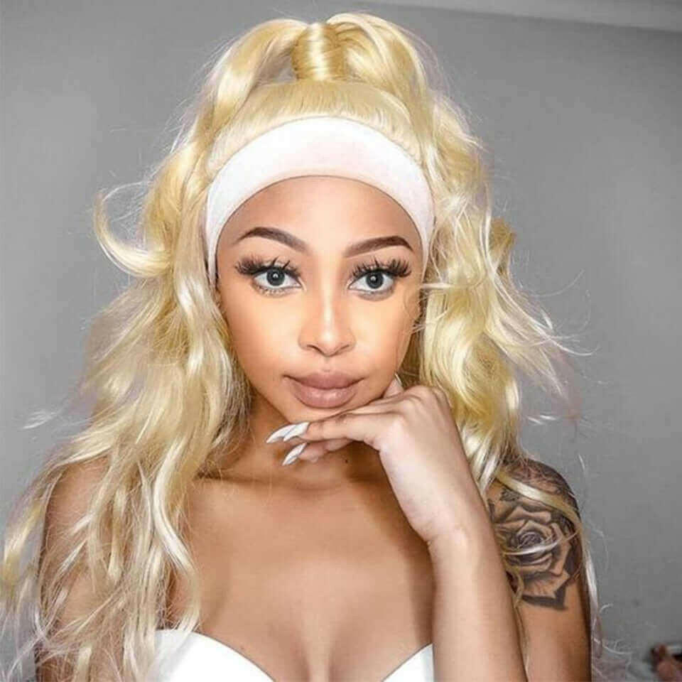 Body Wave #1B/613 Headband Human Hair Wigs For Black Women Blonde Scar.