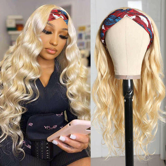 Body Wave #1B/613 Headband Human Hair Wigs For Black Women Blonde Scar.