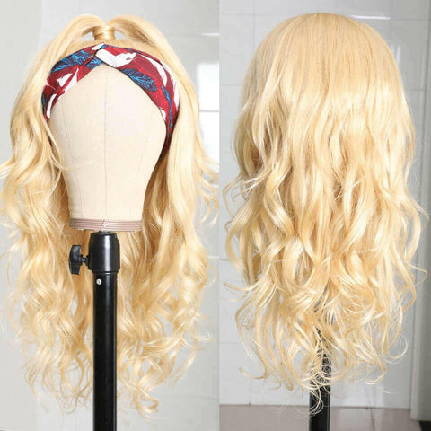 Body Wave #1B/613 Headband Human Hair Wigs For Black Women Blonde Scar.