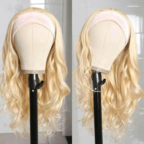 Body Wave #1B/613 Headband Human Hair Wigs For Black Women Blonde Scar.