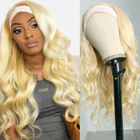 Body Wave #1B/613 Headband Human Hair Wigs For Black Women Blonde Scar.