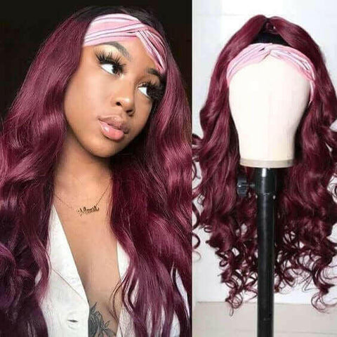 Burgundy Headband Body Wave Human Hair Wig #99J  Scarf Wig No GLUE Eas.