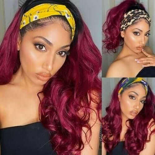 Burgundy Headband Body Wave Human Hair Wig #99J  Scarf Wig No GLUE Eas.