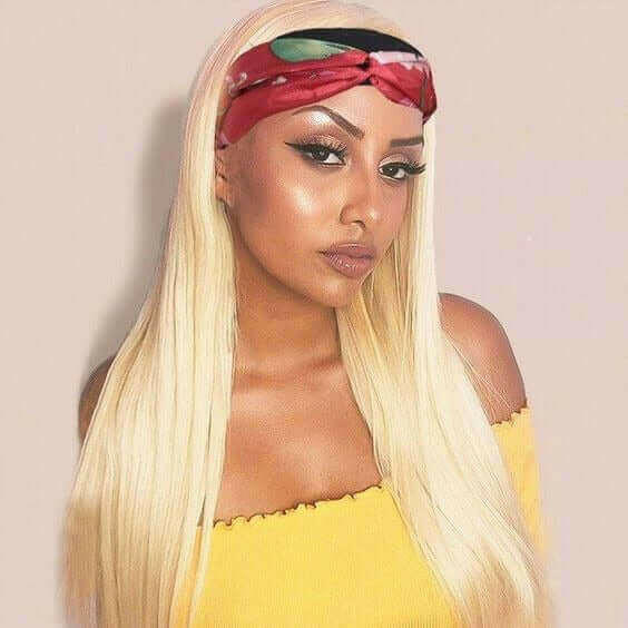 Straight 1B/613 Headband Human Hair Wigs For Black Women Blonde Scarf.