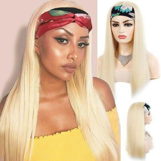 Straight 1B/613 Headband Human Hair Wigs For Black Women Blonde Scarf.