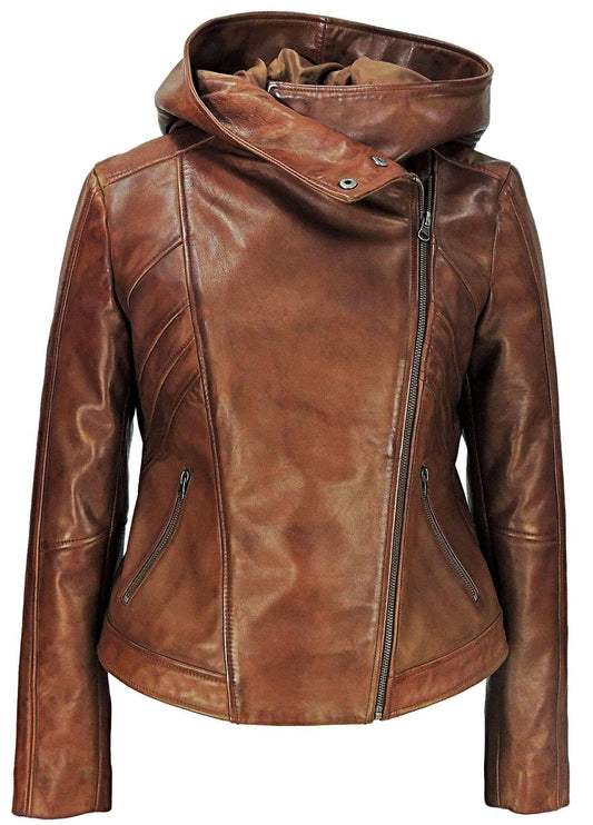 Sasha High Fashion Womens Hooded Leather Jacket.