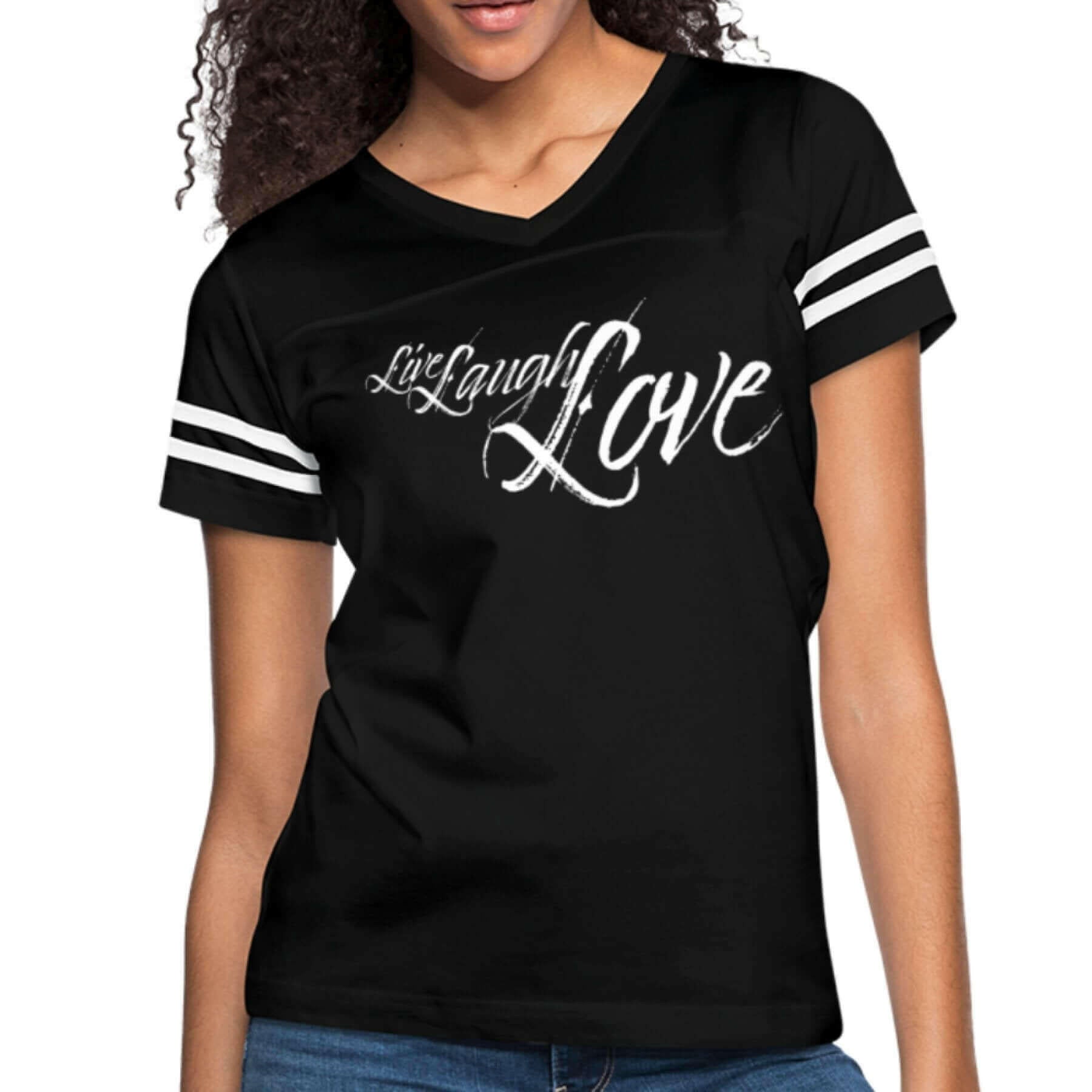 Womens Graphic Vintage Sport T-shirt, Live Laugh Love Illustration.