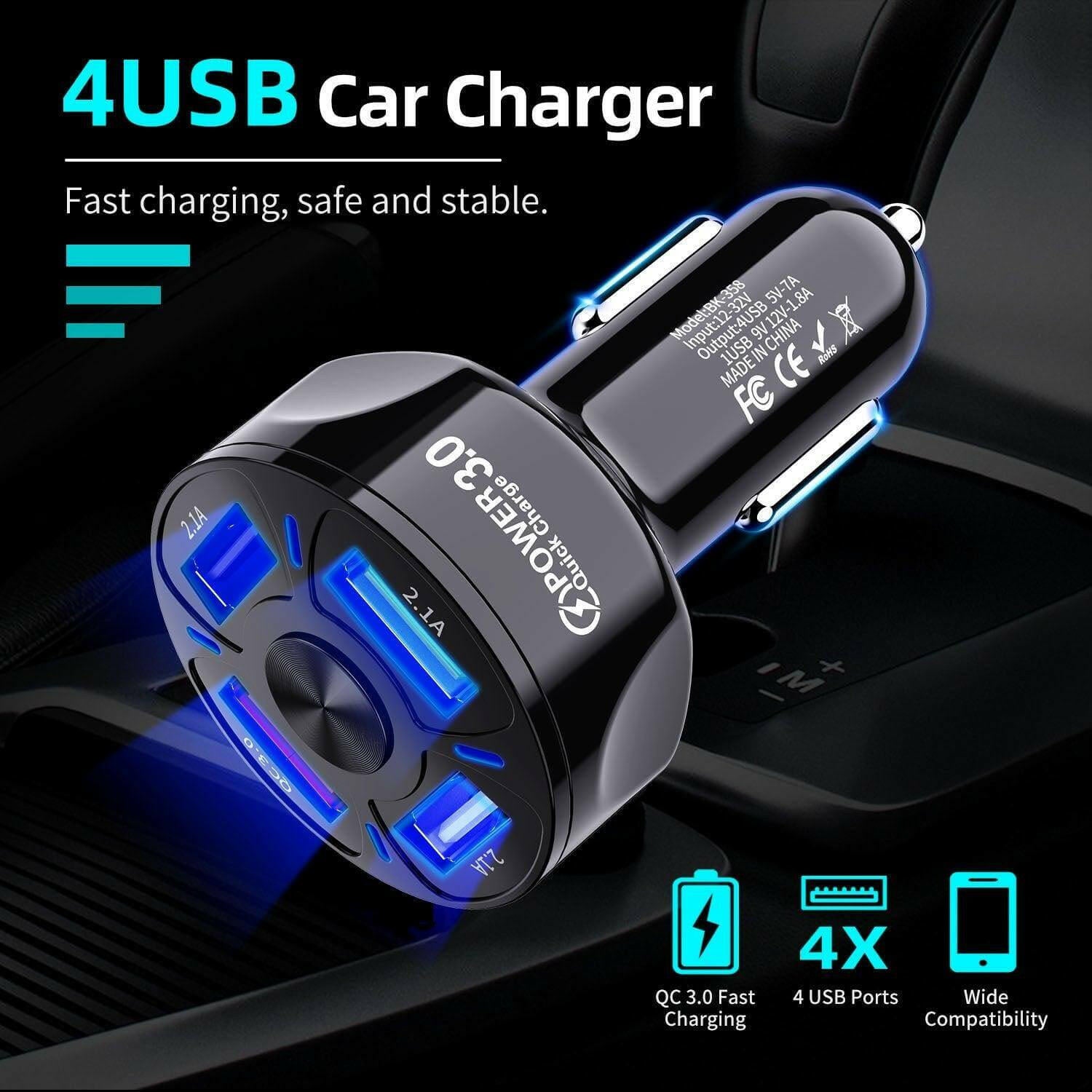 2 PACK PBG LED 4 Port Rapid Car Charger - Charges 4 Devices at once!.