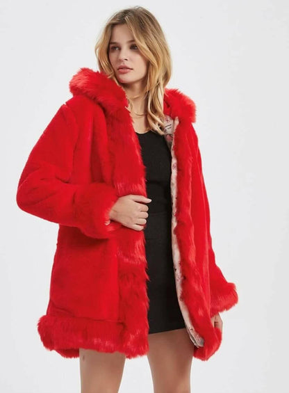 Womens Hooded Faux Fur Collar Coat.