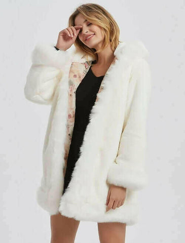 Womens Hooded Faux Fur Collar Coat.