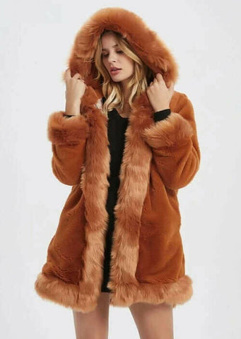 Womens Hooded Faux Fur Collar Coat.