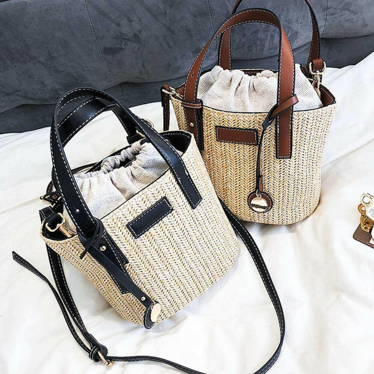 Straw Shoulder Bucket Bag with Vegan Leather Handle.