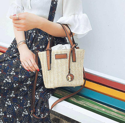 Straw Shoulder Bucket Bag with Vegan Leather Handle.