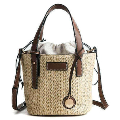 Straw Shoulder Bucket Bag with Vegan Leather Handle.