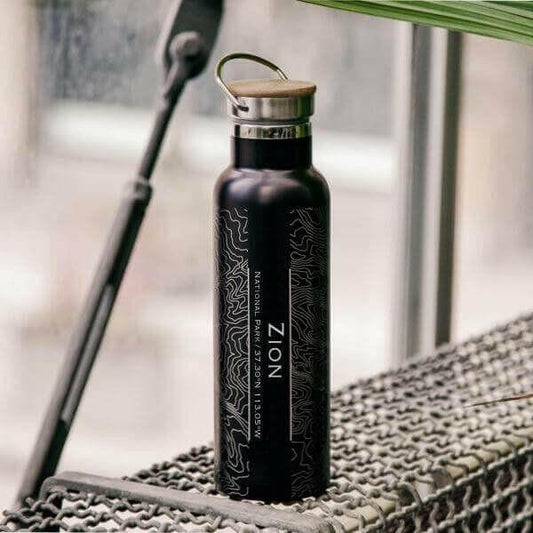 Zion National Park - Utah Map Bottle with Bamboo Top in Matte Black.